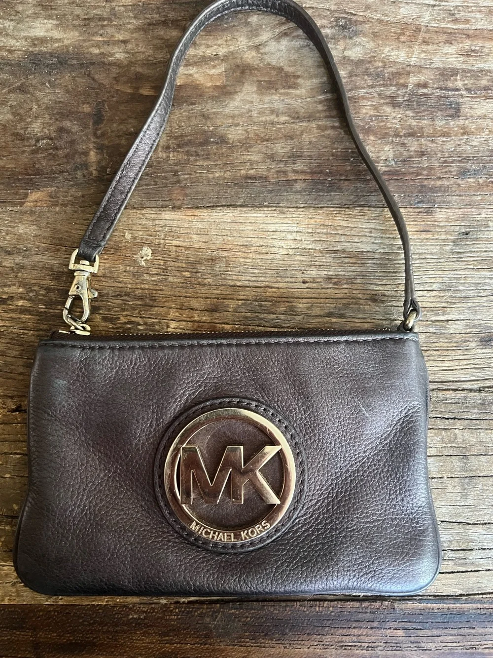 Michael Kors Chocolate Brown Leather Wristlet with Gold MK Emblem